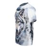 Realistic gray wolf head, aggressive expression, sublimation graphic tee with grunge splatter art.