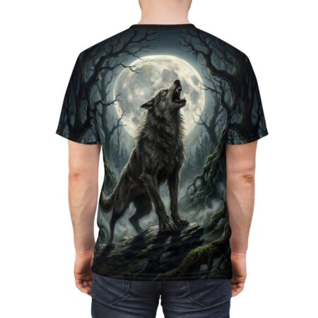 Wolf howling at a full moon in a spooky forest, all over print sublimation tee with a dark fantasy graphic.