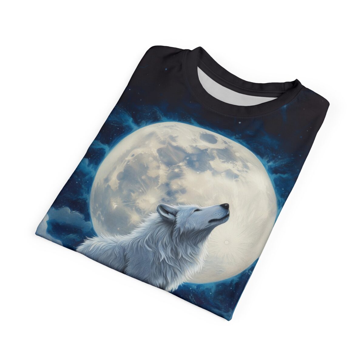 White wolf howling at a large full moon under a starry night sky, all over print sublimation tee.