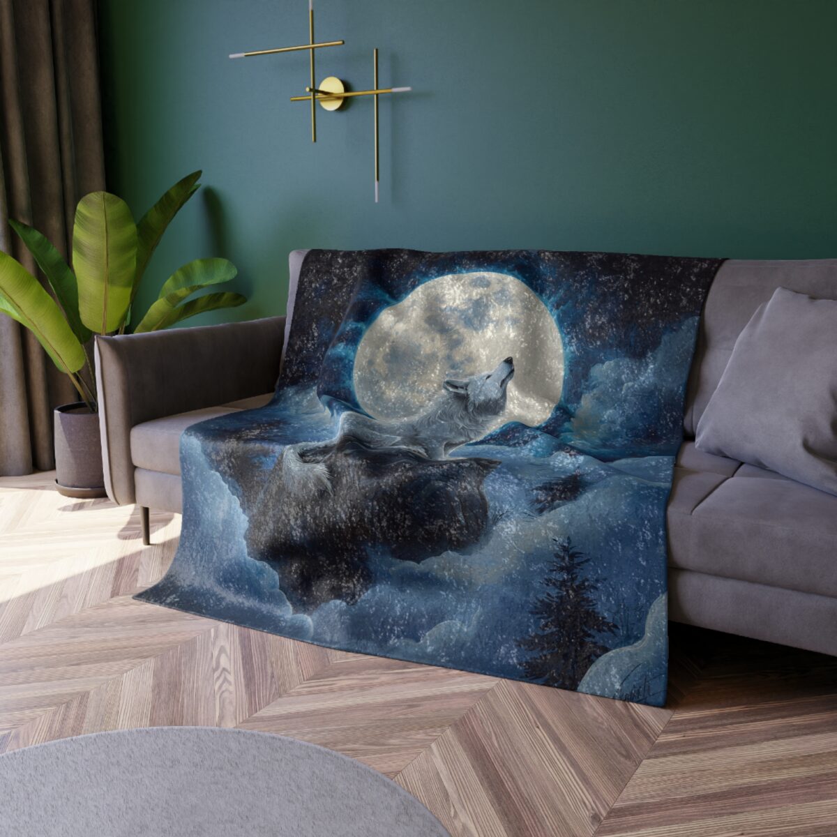 Wolf howling at a large full moon on a starry night, depicted on a soft, plush throw blanket.