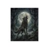 Wolf howling at a full moon in a dark, mossy forest with mist. Dramatic fantasy art.