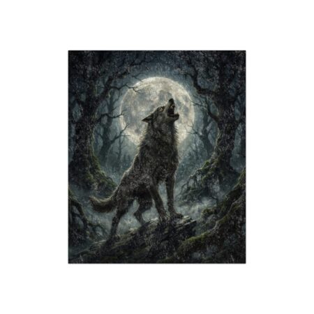 Wolf howling at a full moon in a dark, mossy forest with mist. Dramatic fantasy art.