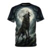 All over print sublimation tee featuring a detailed wolf howling at a large moon in a dark, foggy forest. Streetwear aesthetic.