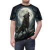 Wolf howling at a large full moon in a dark, misty forest, all over print sublimation tee.