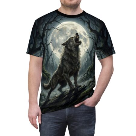 Wolf howling at a large full moon in a dark, misty forest, all over print sublimation tee.