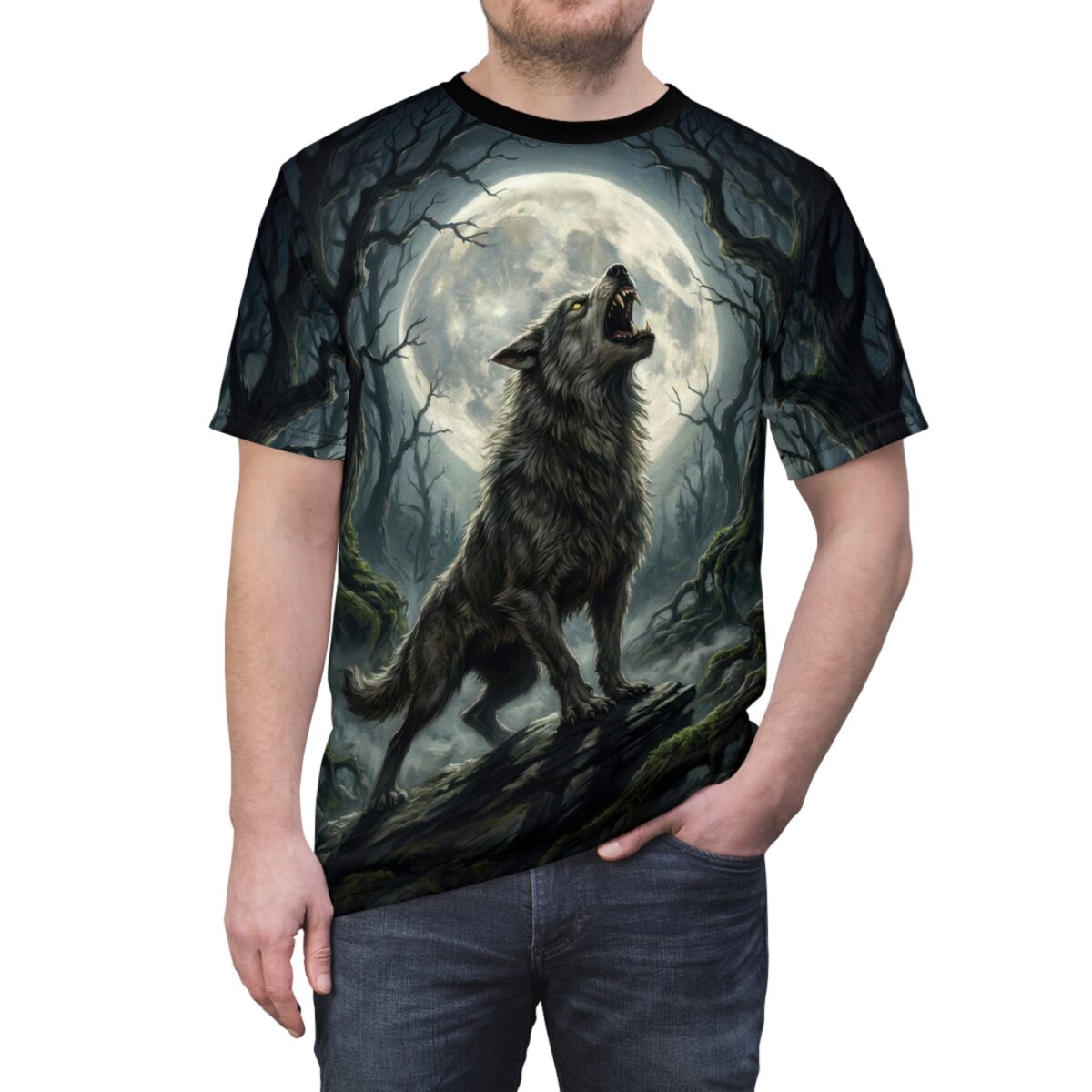 Wolf howling at a large full moon in a dark, misty forest, all over print sublimation tee.