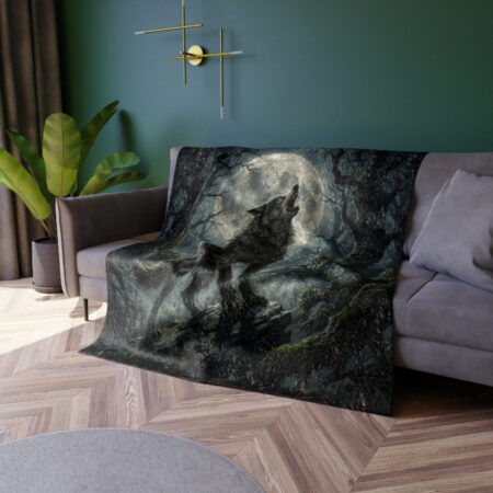 Dark wolf howling at a full moon in a mystical forest. This all over print throw blanket features a detailed, atmospheric graphic.