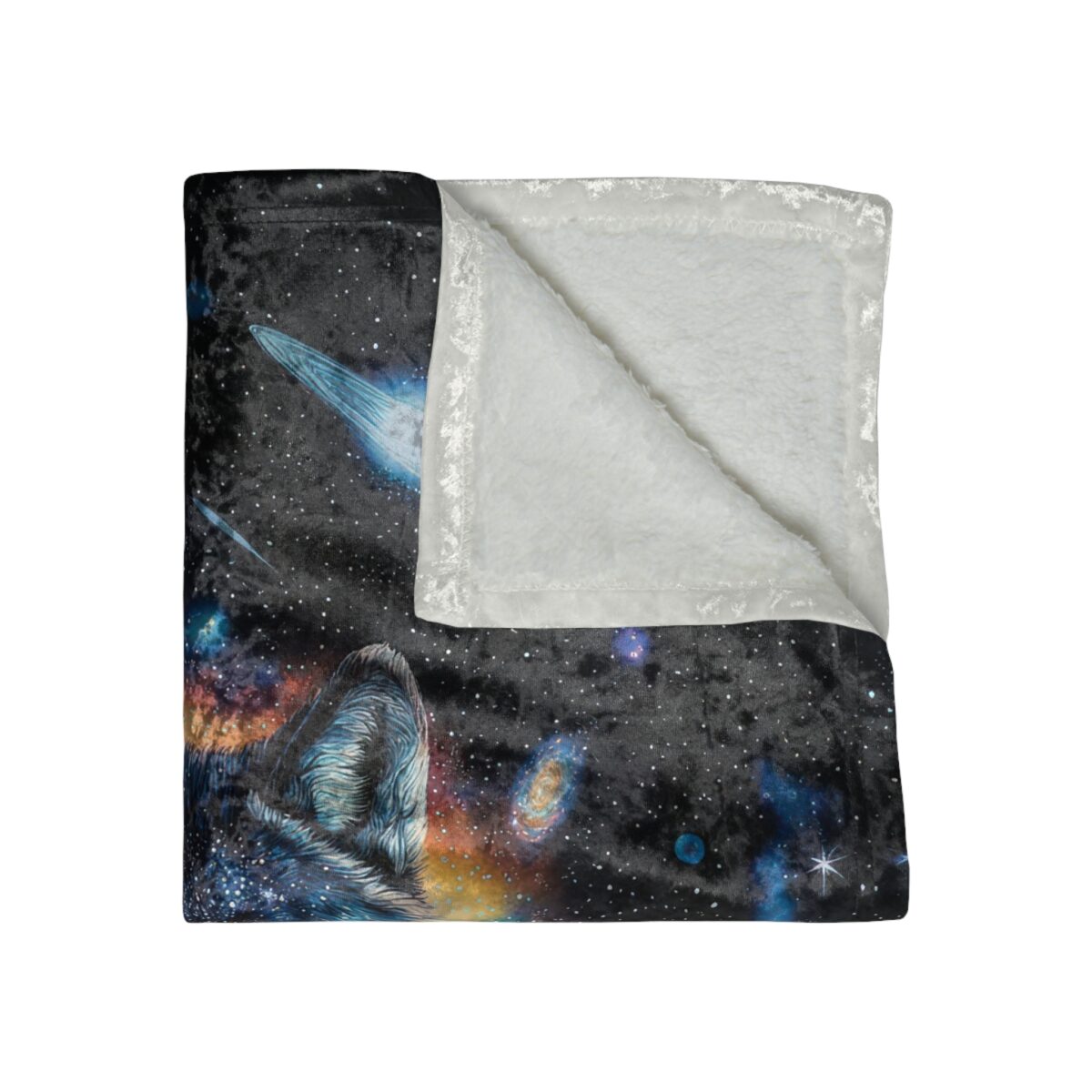 Cosmic wolf head and celestial nebula galaxy print on a plush fleece throw blanket.