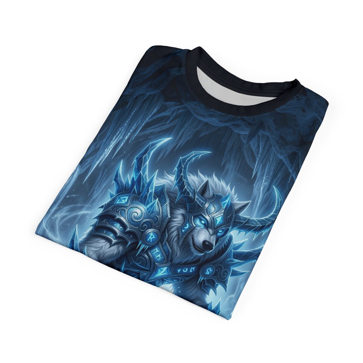 All over print sublimation tee featuring a fierce wolf warrior in icy blue armor, surrounded by ice cave elements and glowing runes.