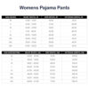 Womens pajama pants size chart detailing waist, hip, and outseam measurements in inches and centimeters.