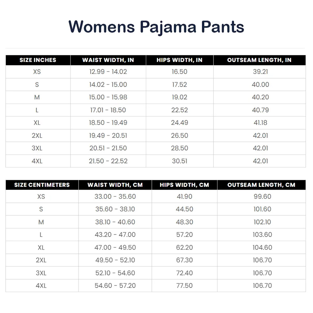 Womens pajama pants size chart detailing waist, hip, and outseam measurements in inches and centimeters.