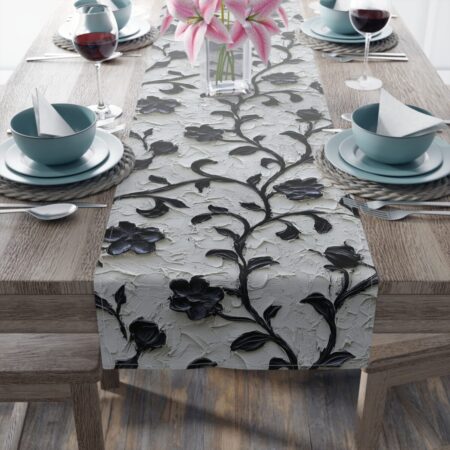 Black and White Floral Table Runner, Textured 3D Botanical Vine Dining Decor, Elegant Gothic Floral Table Cloth, Vintage Modern Home Decor