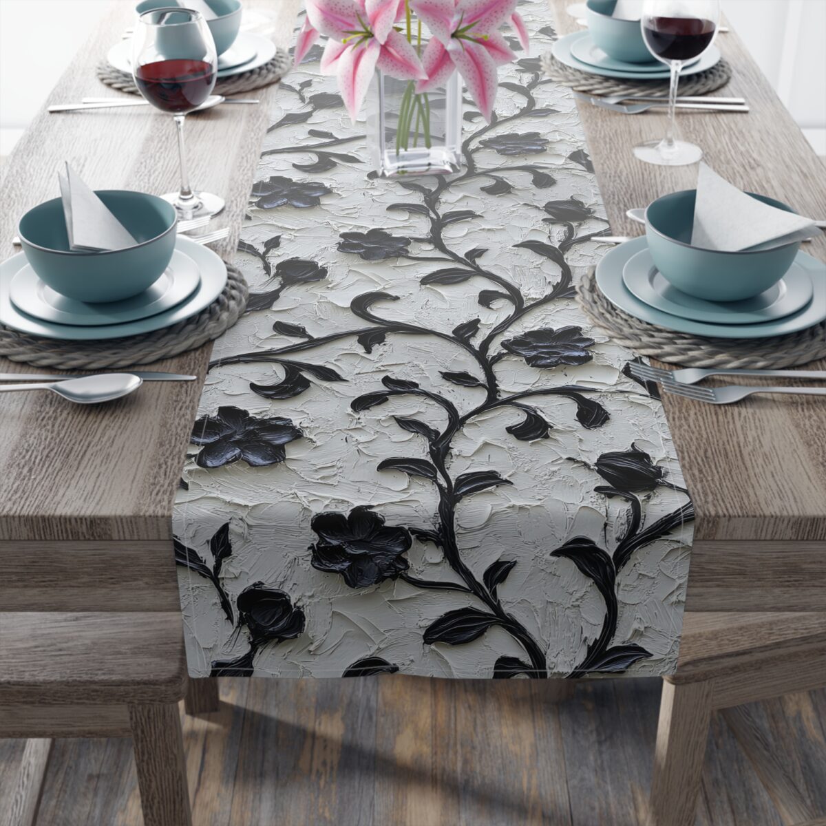 Black and White Floral Table Runner, Textured 3D Botanical Vine Dining Decor, Elegant Gothic Floral Table Cloth, Vintage Modern Home Decor
