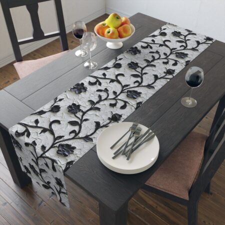Alternative view of Black and White Floral Table Runner, Textured 3D Botanical Vine Dining Decor, Elegant Gothic Floral Table Cloth, Vintage Modern Home Decor