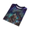 All over print t-shirt featuring a mystical cosmic scene with large crystals and pine trees under a starry galaxy sky.