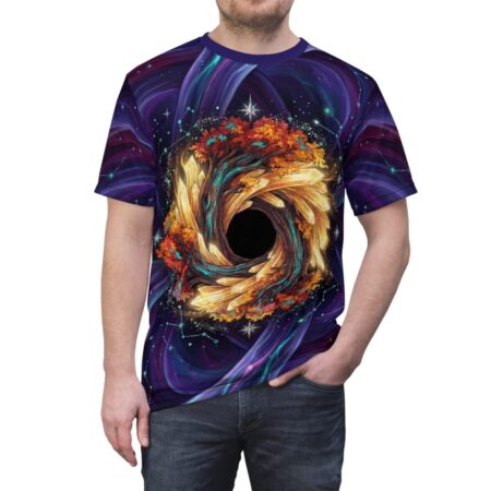 All over print sublimation tee featuring a cosmic tree black hole design with swirling purple nebulae and golden crystals.