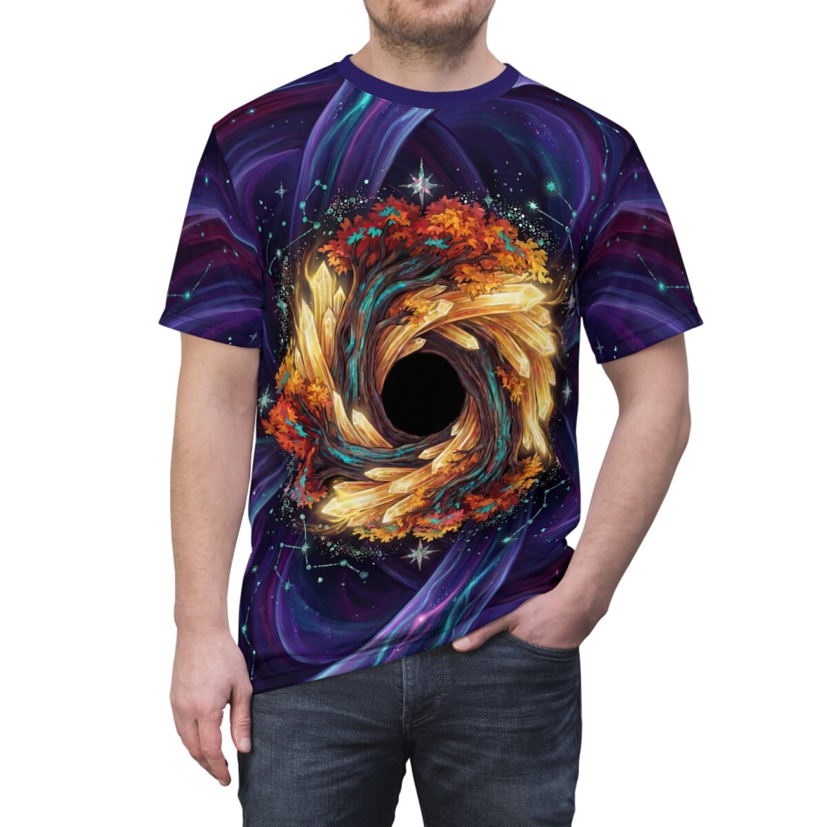 All over print sublimation tee featuring a cosmic tree black hole design with swirling purple nebulae and golden crystals.