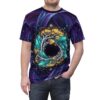 Cosmic tree with golden leaves and aqua crystals forms a circular portal on this all over print sublimation tee with a nebula background.