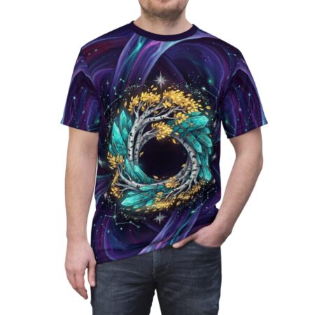 Cosmic tree with golden leaves and aqua crystals forms a circular portal on this all over print sublimation tee with a nebula background.