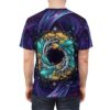All over print sublimation tee with cosmic tree, golden leaves, teal crystals, and starry constellations.