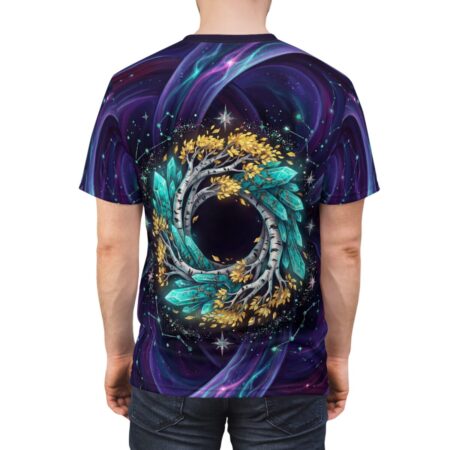 All over print sublimation tee with cosmic tree, golden leaves, teal crystals, and starry constellations.
