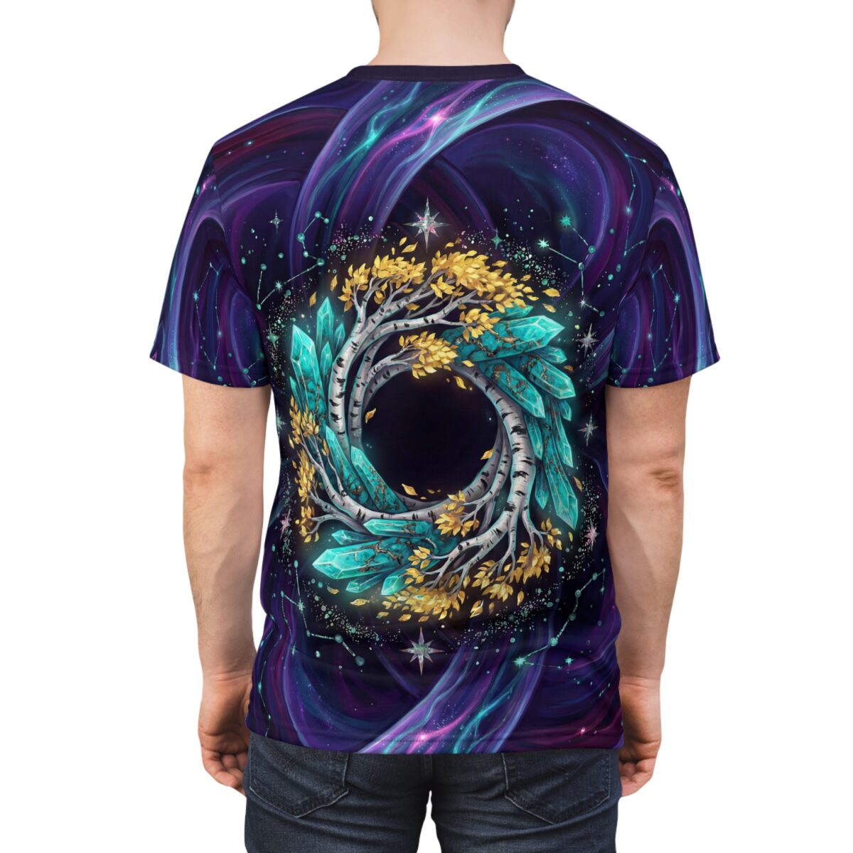 All over print sublimation tee with cosmic tree, golden leaves, teal crystals, and starry constellations.
