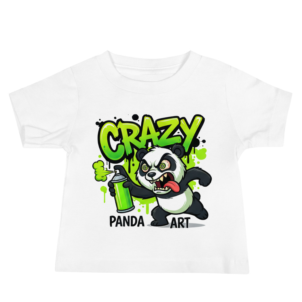 White t-shirt featuring a cartoon panda spraying green graffiti with 'CRAZY' text and 'PANDA ART' below.