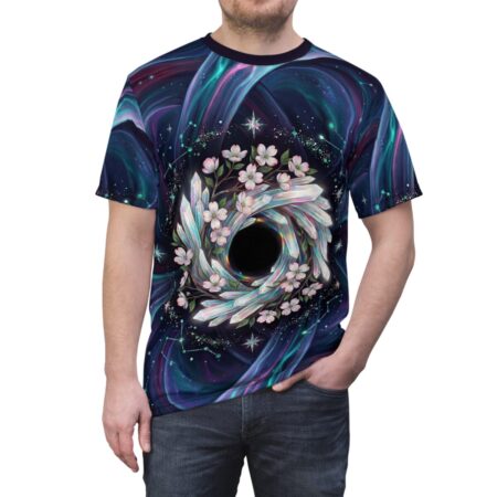 All over print sublimation tee featuring a crystal black hole with pink flowers and constellations on a dark, cosmic background.