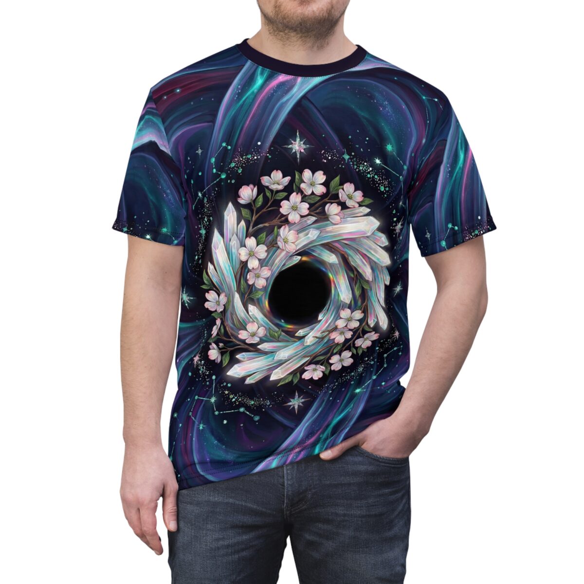 All over print sublimation tee featuring a crystal black hole with pink flowers and constellations on a dark, cosmic background.