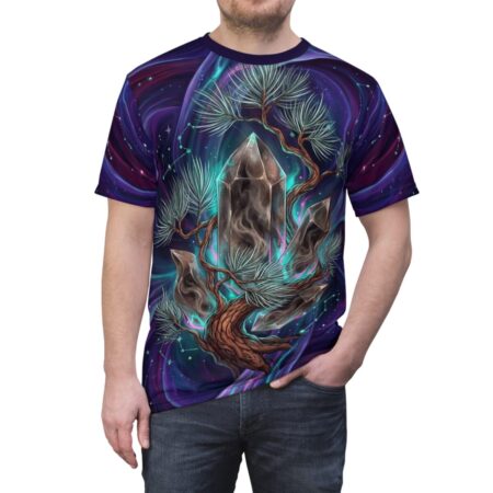 All over print sublimation tee featuring a crystal tree with cosmic galaxy background and constellations.
