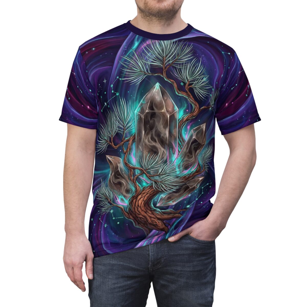 All over print sublimation tee featuring a crystal tree with cosmic galaxy background and constellations.