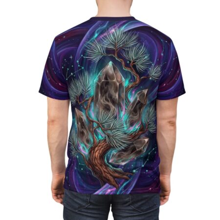 All over print sublimation tee featuring a crystal tree with pine branches and cosmic nebula background.