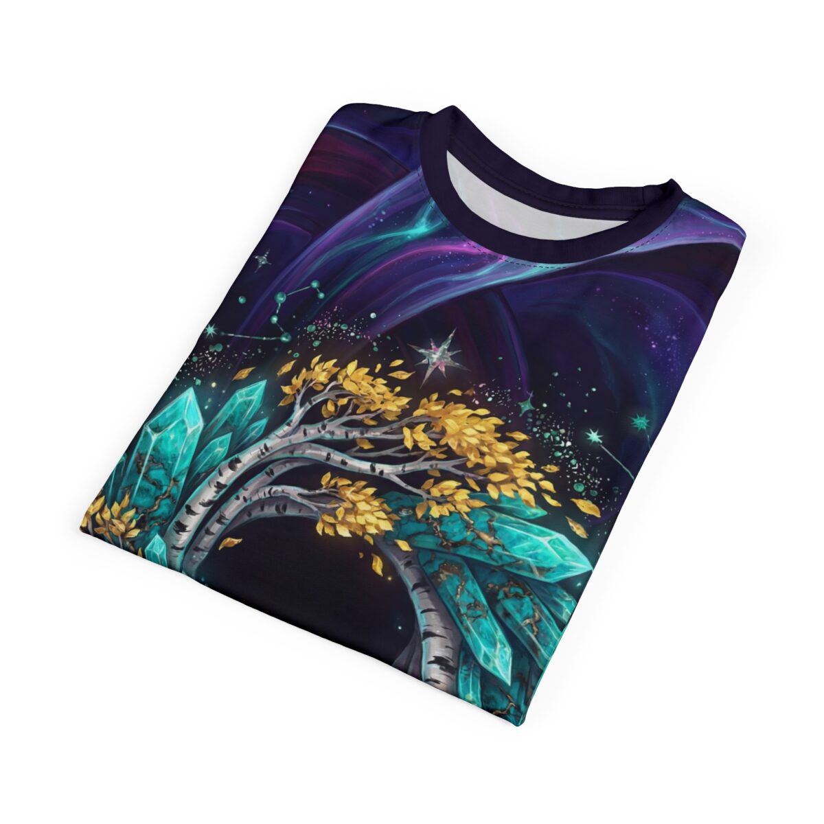 All over print sublimation tee featuring a mystical crystal tree of life, cosmic aurora, and glowing stars graphic.