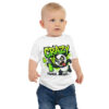 Kids white graphic tee featuring a crazy panda character spray painting the word CRAZY with green graffiti.