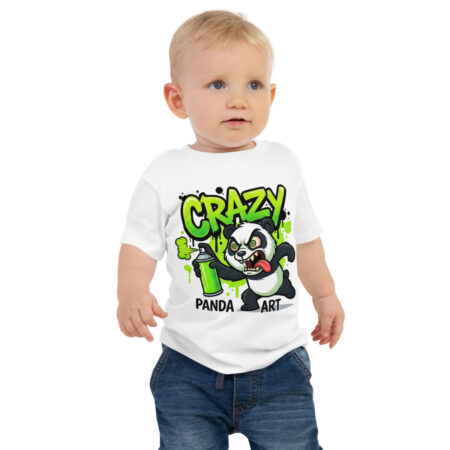 Kids white graphic tee featuring a crazy panda character spray painting the word CRAZY with green graffiti.