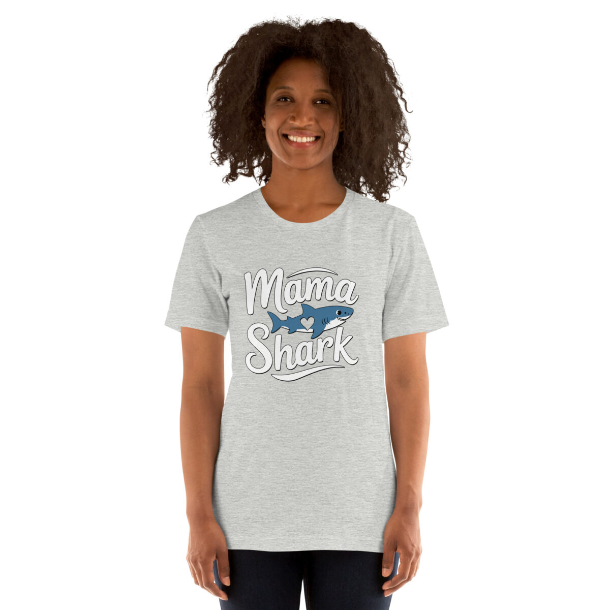 Light gray t-shirt with 'Mama Shark' text and a cartoon shark with a heart graphic.