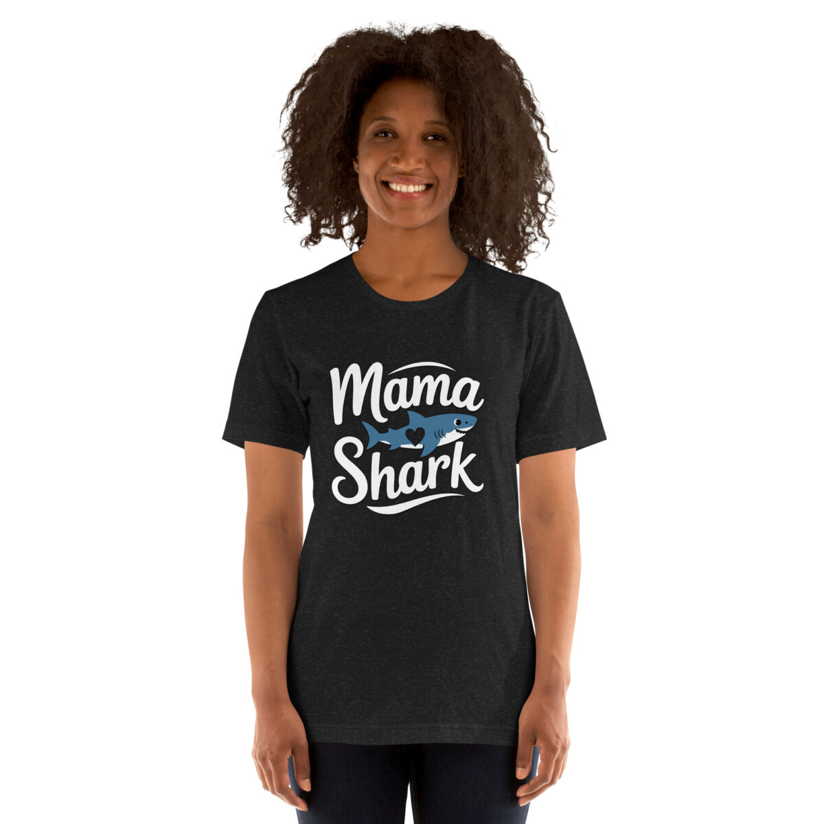 Mama Shark graphic t-shirt featuring a blue shark with a heart cutout on a dark grey shirt.