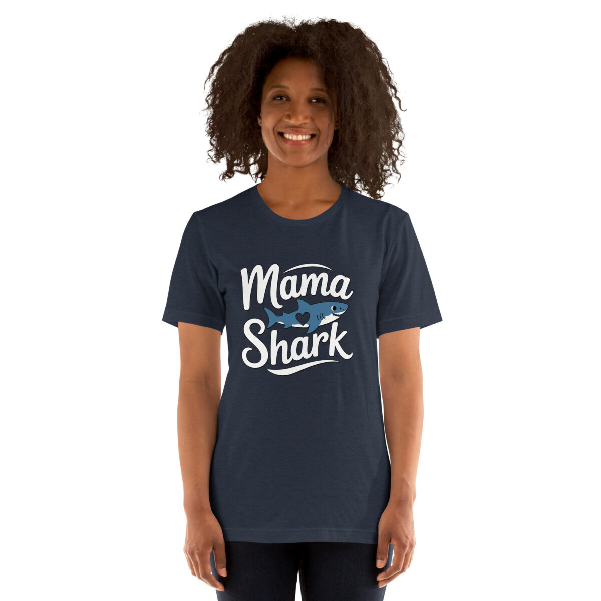 Navy blue t-shirt with white "Mama Shark" text and a blue shark graphic with a heart detail.