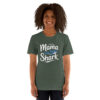 Dark green crewneck t-shirt with white 'Mama Shark' text and a cartoon shark graphic with a heart. Perfect for moms.