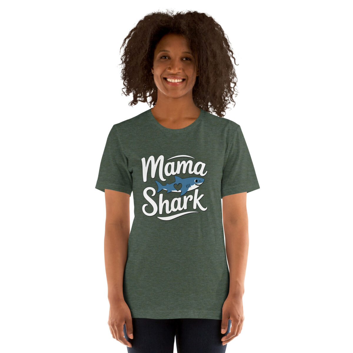 Dark green crewneck t-shirt with white 'Mama Shark' text and a cartoon shark graphic with a heart. Perfect for moms.