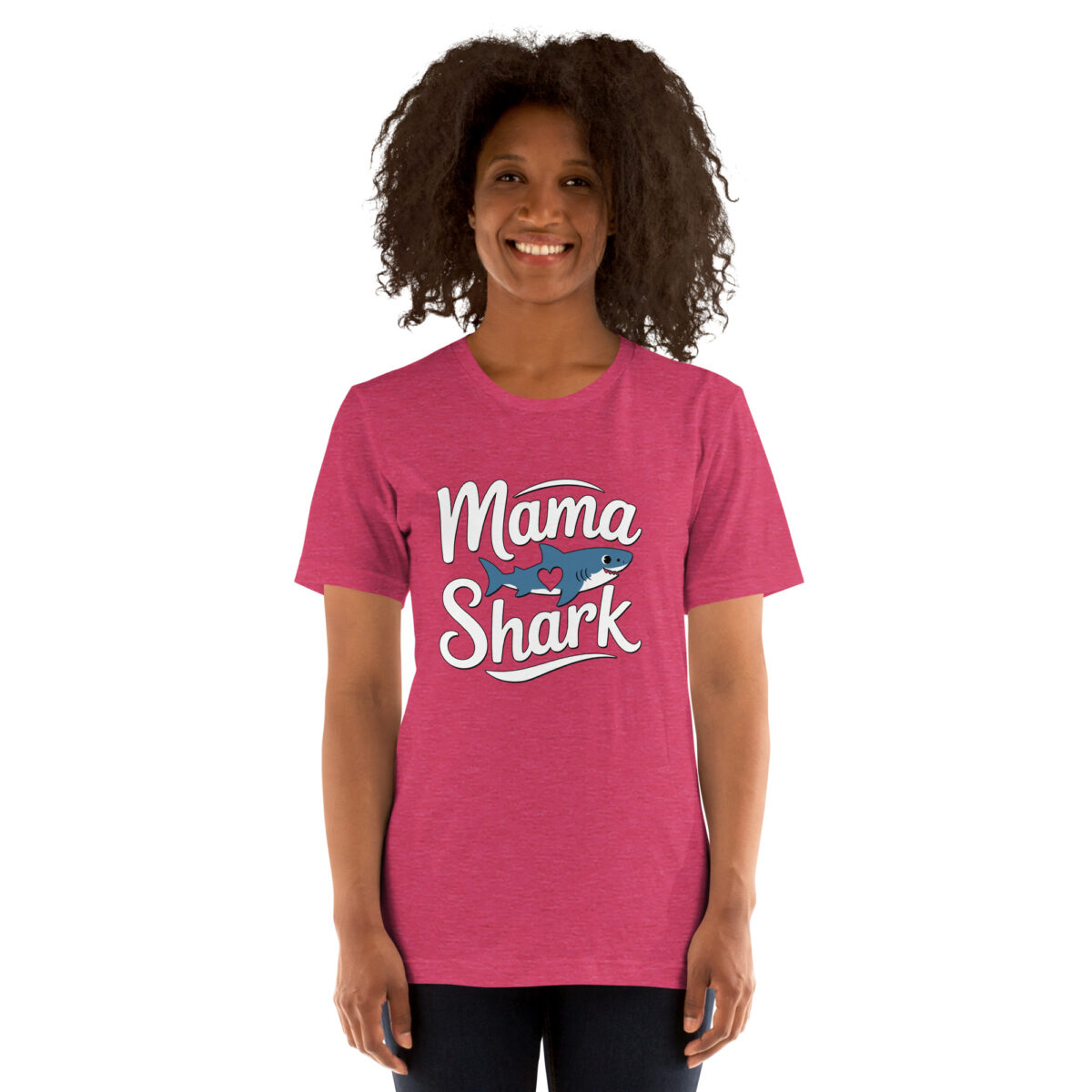 Pink t-shirt with 'Mama Shark' text and a blue shark with a heart graphic.