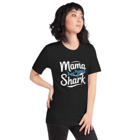 Mama Shark graphic t-shirt with a blue shark and heart design, perfect for moms.