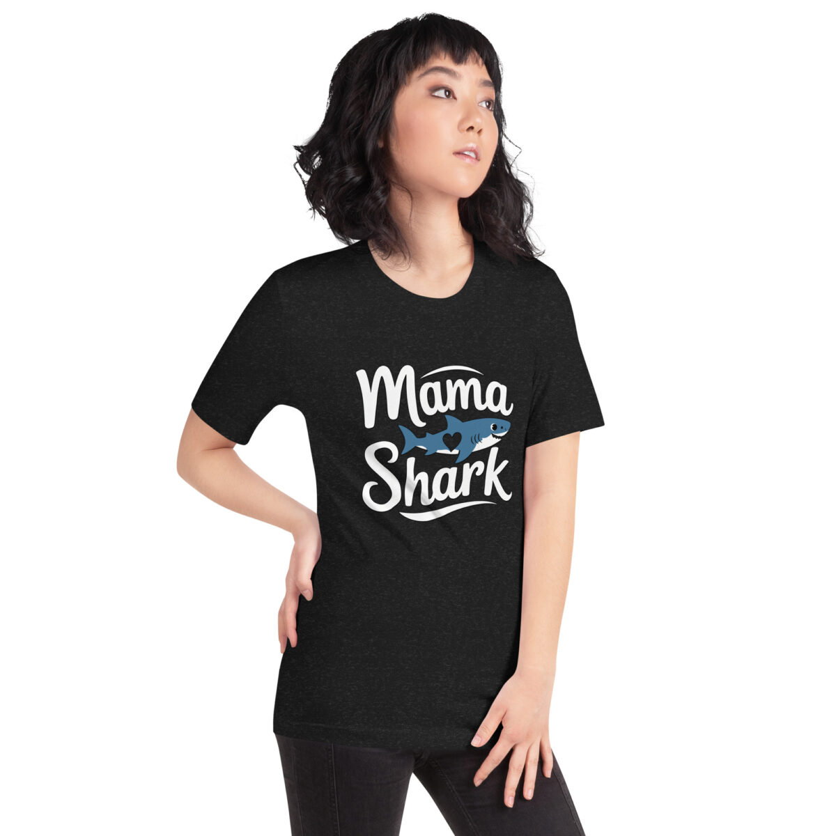 Mama Shark graphic t-shirt with a blue shark and heart design, perfect for moms.