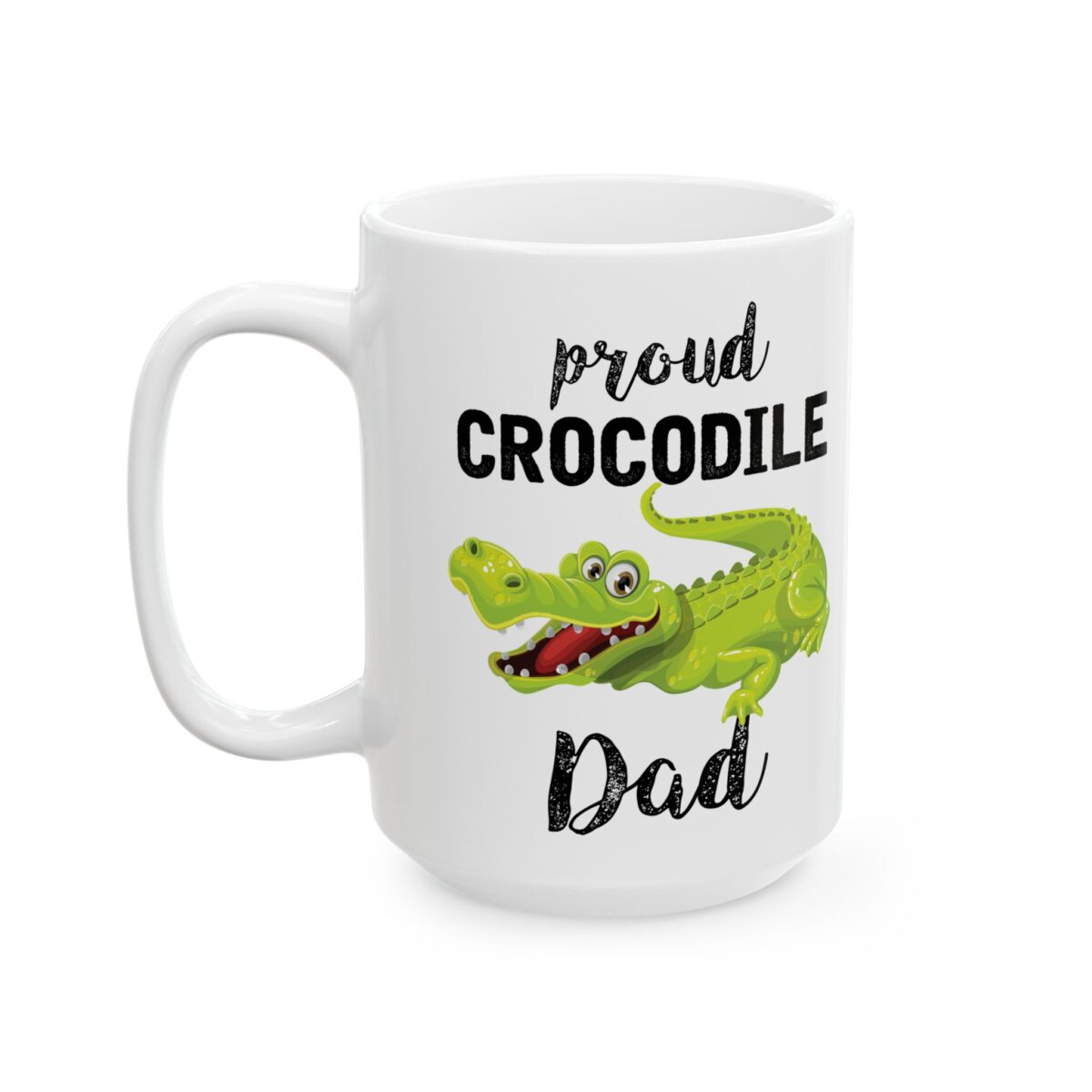 White ceramic coffee mug with 'Proud Crocodile Dad' text and a cartoon green crocodile graphic. Ideal gift for fathers.