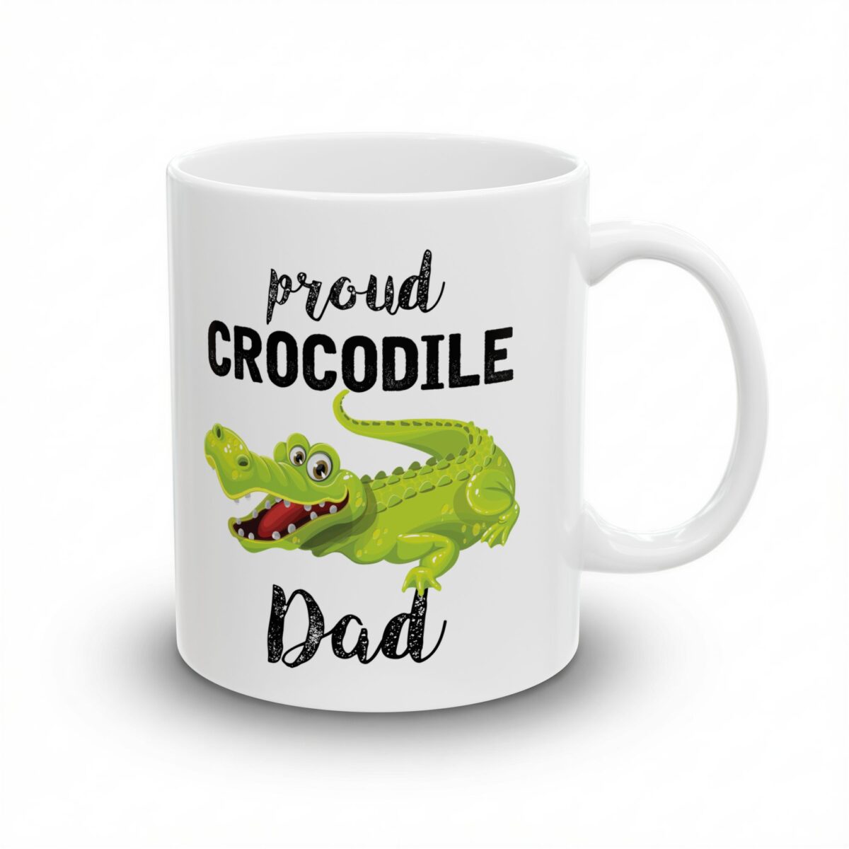 White ceramic mug with 'Proud Crocodile Dad' text and a cute cartoon green crocodile illustration, perfect gift for dads.