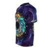 All over print sublimation tee featuring a mystical tree of life with turquoise crystals and golden leaves against a cosmic, starry background.
