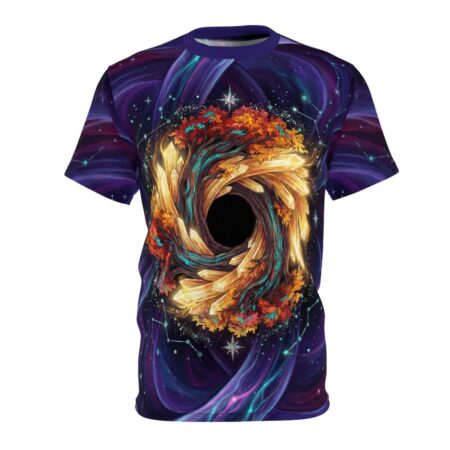 Cosmic vortex tree with crystals and stars all over print sublimation tee, vibrant nebula background.