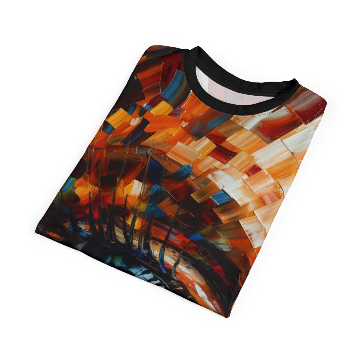 Abstract brush stroke all over print sublimation tee featuring textured impasto technique in orange, blue, and red.