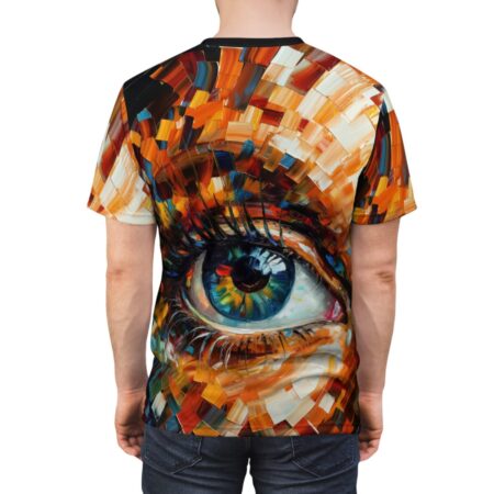 All over print sublimation tee featuring a vibrant, abstract eye with colorful iris and textured brushstrokes.