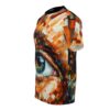 All over print sublimation tee featuring a detailed abstract eye graphic with vibrant orange, blue, and yellow brushstrokes.